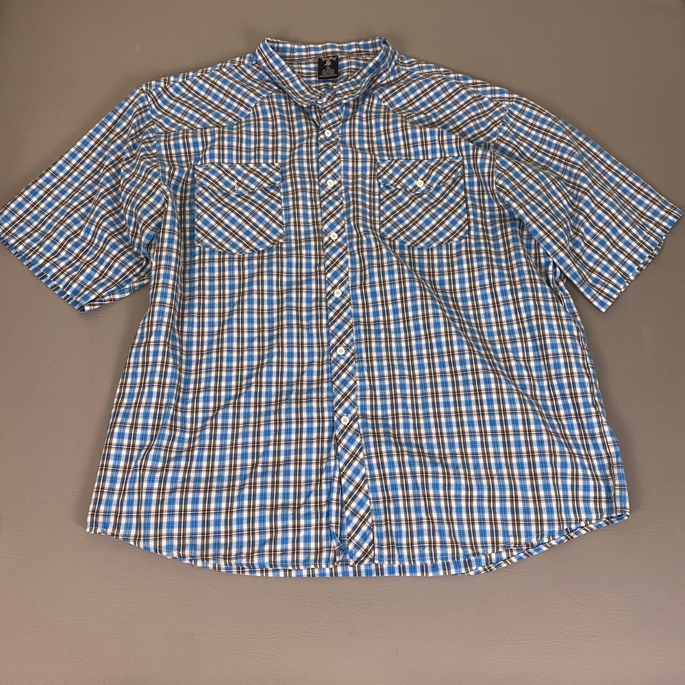 Blue Gear Button Down Shirt Mens 4XL Western Plaid Short Sleeve Blue White Brown